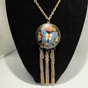 Vintage Cloisonne Butterfly Enamel Pendant Tassel Chain Necklace Dreamcatcher